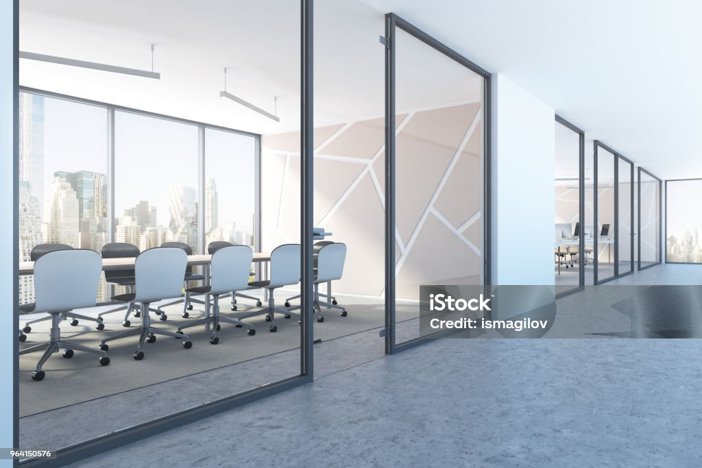 White meeting room lobby pattern side view White panoramic boardroom interior with a concrete floor, a long wooden table and white chairs as seen from a lobby. 3d rendering mock up Office Stock Photo