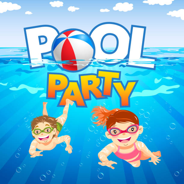 ilustrações de stock, clip art, desenhos animados e ícones de kids pool party - swimming pool party summer beach ball