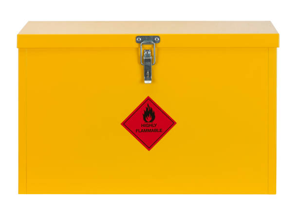 YELLOW CABINET WITH FLAMMABLE SIGN ON WHITE BACKGROUND YELLOW STEEL CABINET WITH WARNING FLAMMABLE SIGN ISOLATED ON WHITE BACKGROUND flammable cabinet stock pictures, royalty-free photos & images