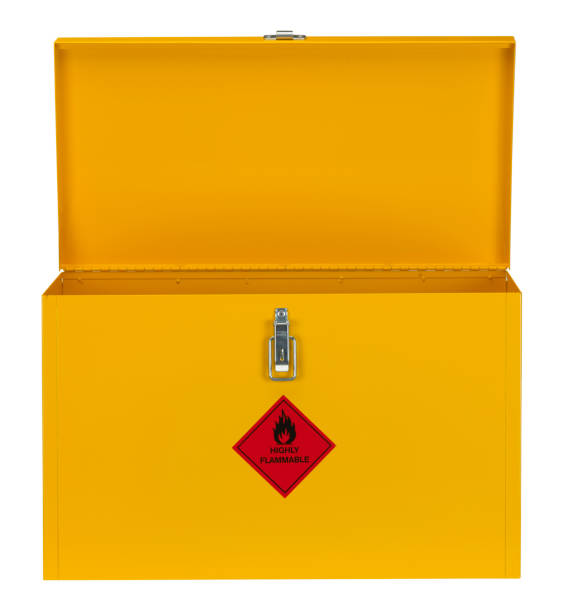 YELLOW CABINET WITH FLAMMABLE SIGN ON WHITE BACKGROUND YELLOW STEEL CABINET WITH WARNING FLAMMABLE SIGN ISOLATED ON WHITE BACKGROUND flammable cabinet stock pictures, royalty-free photos & images
