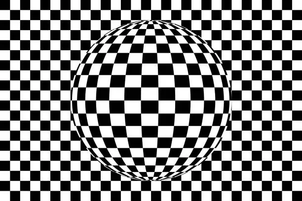 Vector illustration of Op art: Sphere refracting checked pattern background