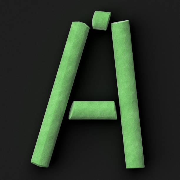Green sidewalk or blackboard chalks assembled capital letter A on rough blackboard, 3D rendered font image for education, art and childish typography