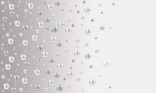 Wedding pearl illustration background with many small and big white shiny nacreous pearls and diamonds scattered on grey and white satin background - space for your text