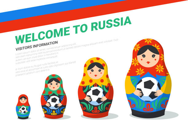 ロシアのマトリョーシカ バナー テンプレート。サッカー ボール, ロシア国旗, ロシア本文へようこそとロシアのシンボル。明るい背景にサッカー ボールの伝統的な入れ子人形マトリョーシ� - russian nesting doll doll babushka russian culture点のイラスト素材／クリップアート素材／マンガ素材／アイコン素材