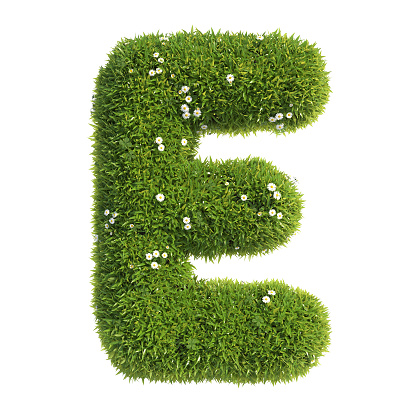 Grass font 3d rendering letter E  isolated illustration on white background