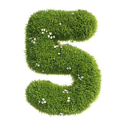 Grass font 3d rendering number  5 isolated illustration on white background