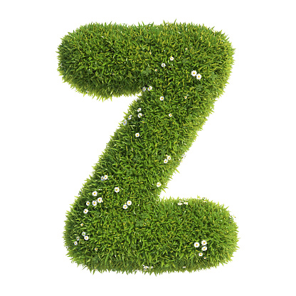 Grass font 3d rendering letter Z  isolated illustration on white background