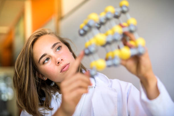Teenage girl studying molecular structure in lab. Female high school student is conducting scientific experiment. She is working on school project.