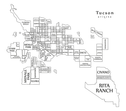 Modern City Map - Tucson Arizona city of the USA with neighborhoods and titles outline map