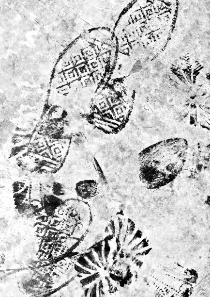 istock Shoeprints texture background. Adventure and fun. Footprint and stamp. Many steps. For design idea concept. Black and white color. Close up. 964177832