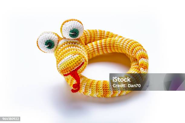 Knitted Toy Isolated On White Background Stock Photo - Download Image Now - Toy, Snake, Yellow
