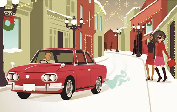 Vector illustration of Car Driving Down Street Covered in Christmas Decorations