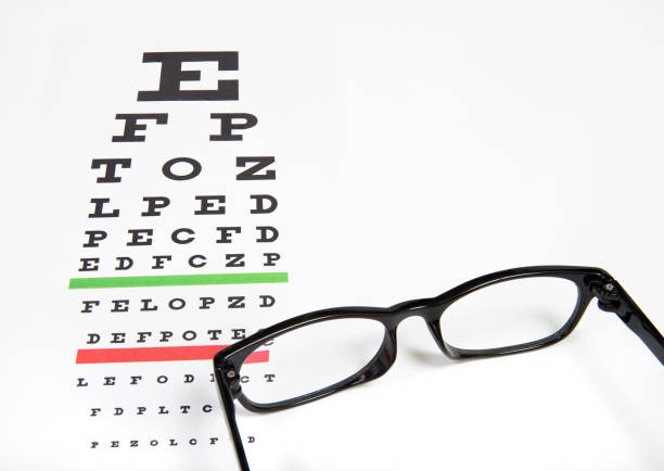 istock Eye glasses on eyesight test chart background close up. 964182206