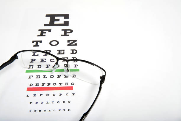 istock Eye glasses on eyesight test chart background close up. 964182222