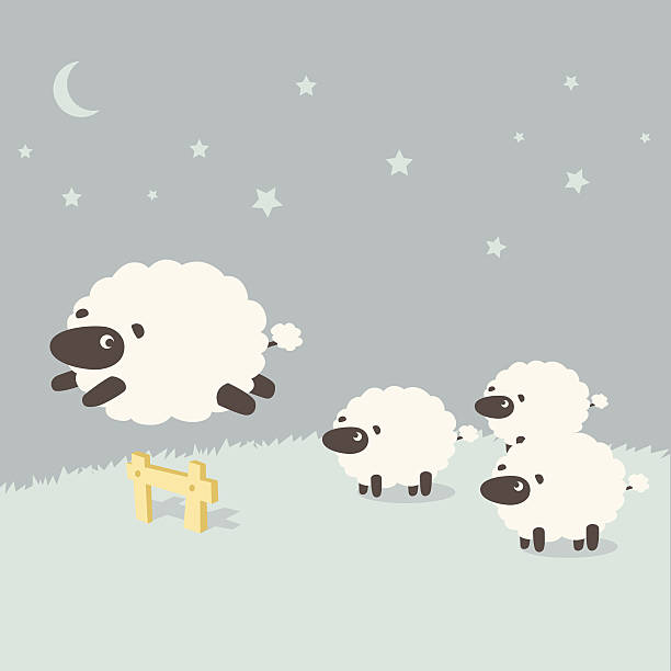 Insomnia: Sheeps leaping over the fence One sheep jumps over the fence while others watch. The sheep can be used separately from the background. sheep stock illustrations