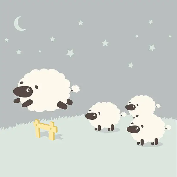 Vector illustration of Insomnia: Sheeps leaping over the fence