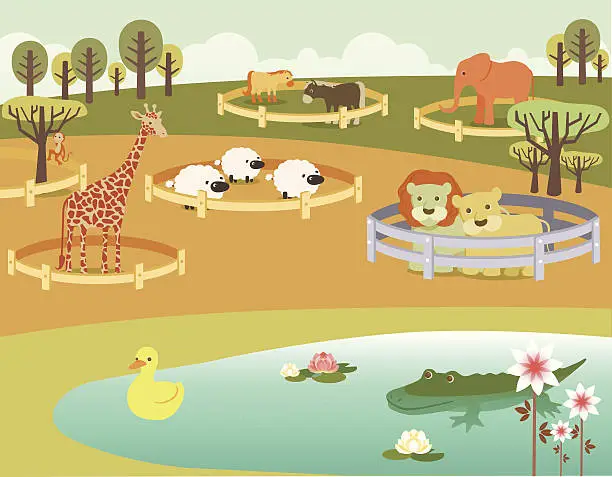 Vector illustration of Zoo Animals in Pens