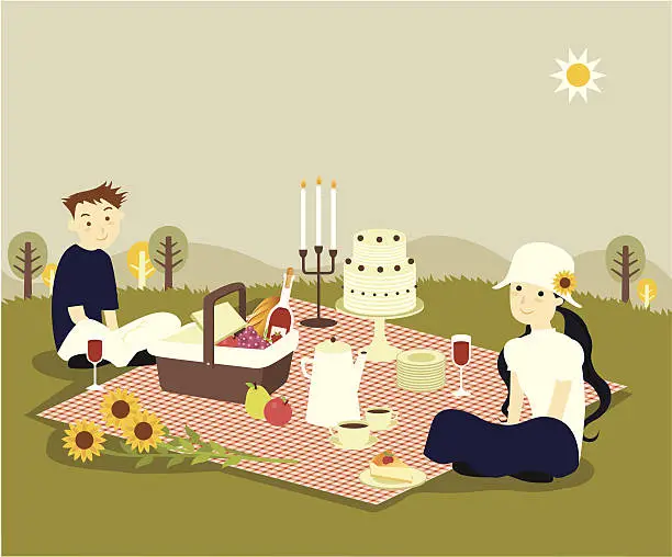 Vector illustration of Young Couple Having Romantic Picnic