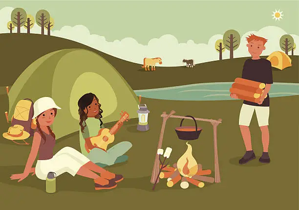 Vector illustration of Three Friends Sitting Around Camp Fire with Tent