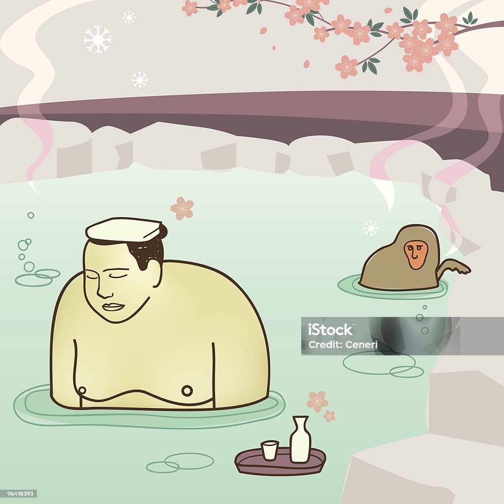 sumo wrestler em hot spring - Vetor de Saquê royalty-free