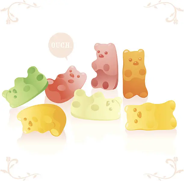 Vector illustration of Pastel cartoon images of gummy bears with one saying ouch
