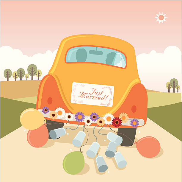 illustrations, cliparts, dessins animés et icônes de just married: escapade en voiture en canettes et ballons - just married