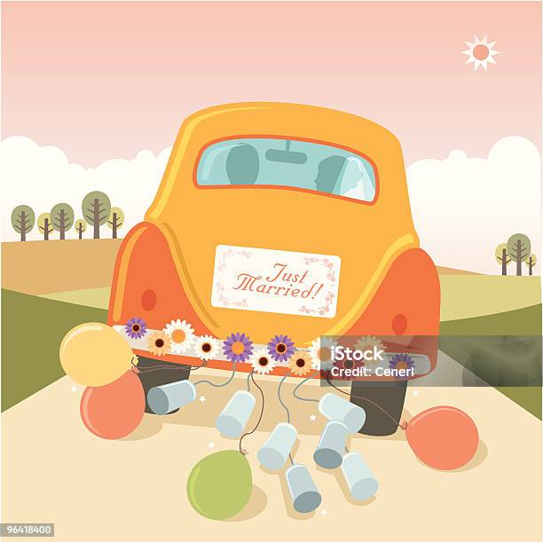 Just Married Getaway Car With Cans And Balloons Stock Illustration - Download Image Now - Just Married, Wedding, Car