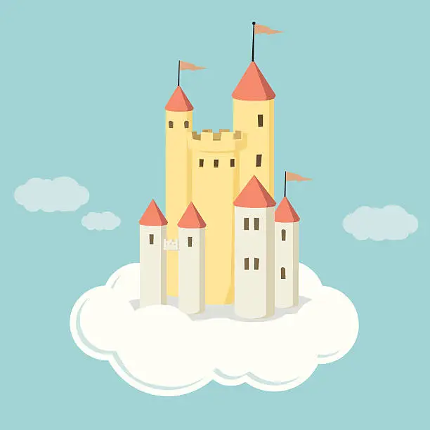 Vector illustration of Illustrated castle on cloud in the air