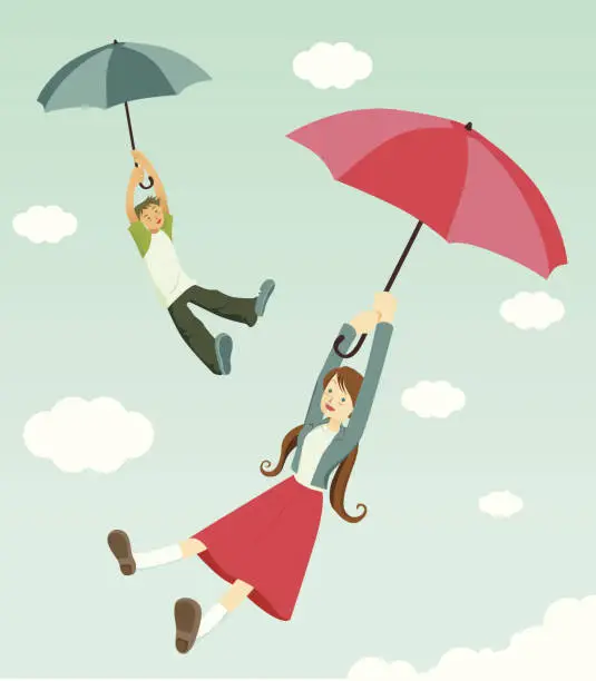 Vector illustration of happiness is two teenagers flying with umbrellas