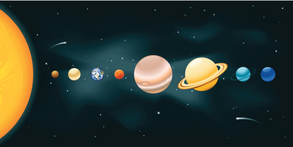 The Solar System. File contains gradient mesh for the background as well as radial and linear gradients for the planets. The gradient mesh tool is unique to Adobe Illustrator and may be needed to modify/edit the background. File also contains a clipping path on the sun. All colors are global.