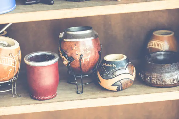 Photo of Mate gourds for sale as popular souvenirs from Argentina and Uruguay.