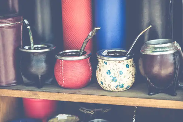 Photo of Mate gourds for sale as popular souvenirs from Argentina and Uruguay.