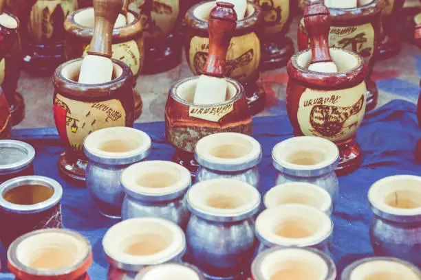 Photo of Mate gourds for sale as popular souvenirs from Argentina and Uruguay.