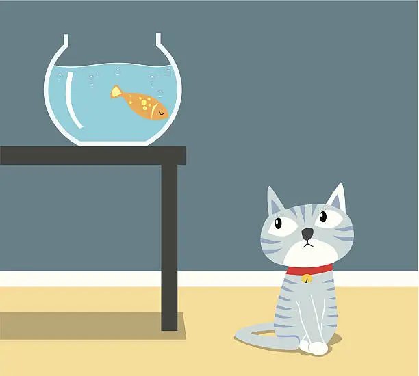 Vector illustration of Cat with a fish tank