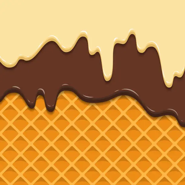 Vector illustration of Pattern waffle texture melts frosting ice cream dripping. Glossy streaks chocolate vanilla cream crispy cone. Cartoon picture for web, advertising, banner, business card. Vector illustration.