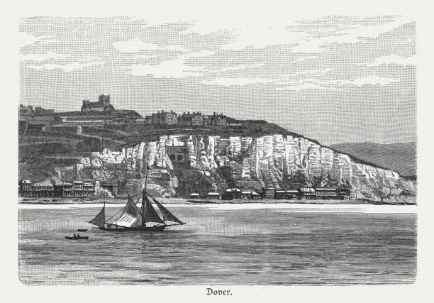 White Cliffs of Dover, wood engraving, published in 1897 White Cliffs of Dover. Wood engraving after a drawing, published in 1897. north downs stock illustrations