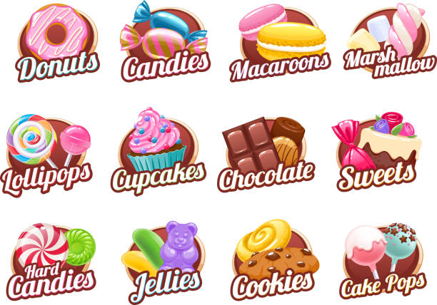 illustrazioni stock, clip art, cartoni animati e icone di tendenza di set di distintivi colorati per caramelle e dolci - hard candy candy backgrounds multi colored