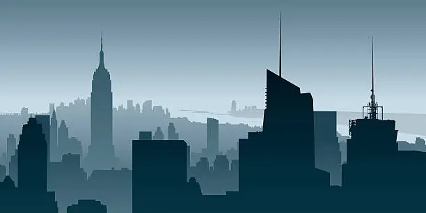 Vector illustration of Skyline view of Manhattan towers on a cloudy day