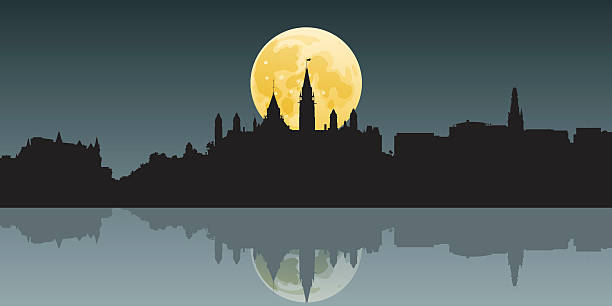 Ottawa Moon Moon rises behind Parliament Hill in Ottawa, Canada. chateau laurier stock illustrations