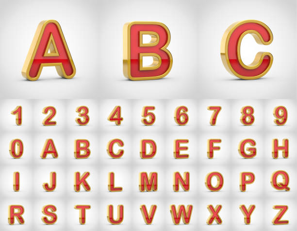 Red with gold alphabet letters uppercase isolated on white background.
