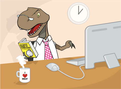 This is a vector illustration of an old dinosaur trying to get to grips with technology.

The file is supplied in Illustrator versions CS2 and version 8 in both ai and eps formats. As well as a high res jpg.