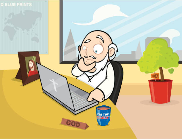 ilustrações, clipart, desenhos animados e ícones de o escritório deus - god office cartoon computer