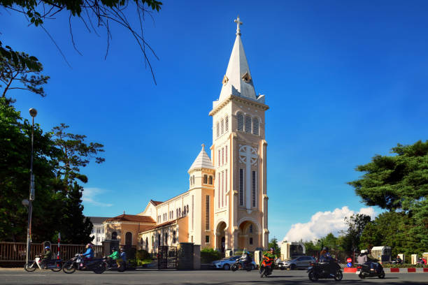 Dalat Cathedral or chicken church at Tran Phu Street Dalat, Vietnam - May 2, 2018: The St. Nicholas Cathedral is a Roman Catholic cathedral in Da Lat, Vietnam dalat stock pictures, royalty-free photos & images
