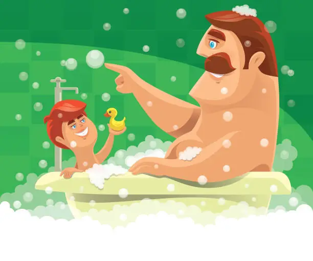 Vector illustration of father and son bathing together