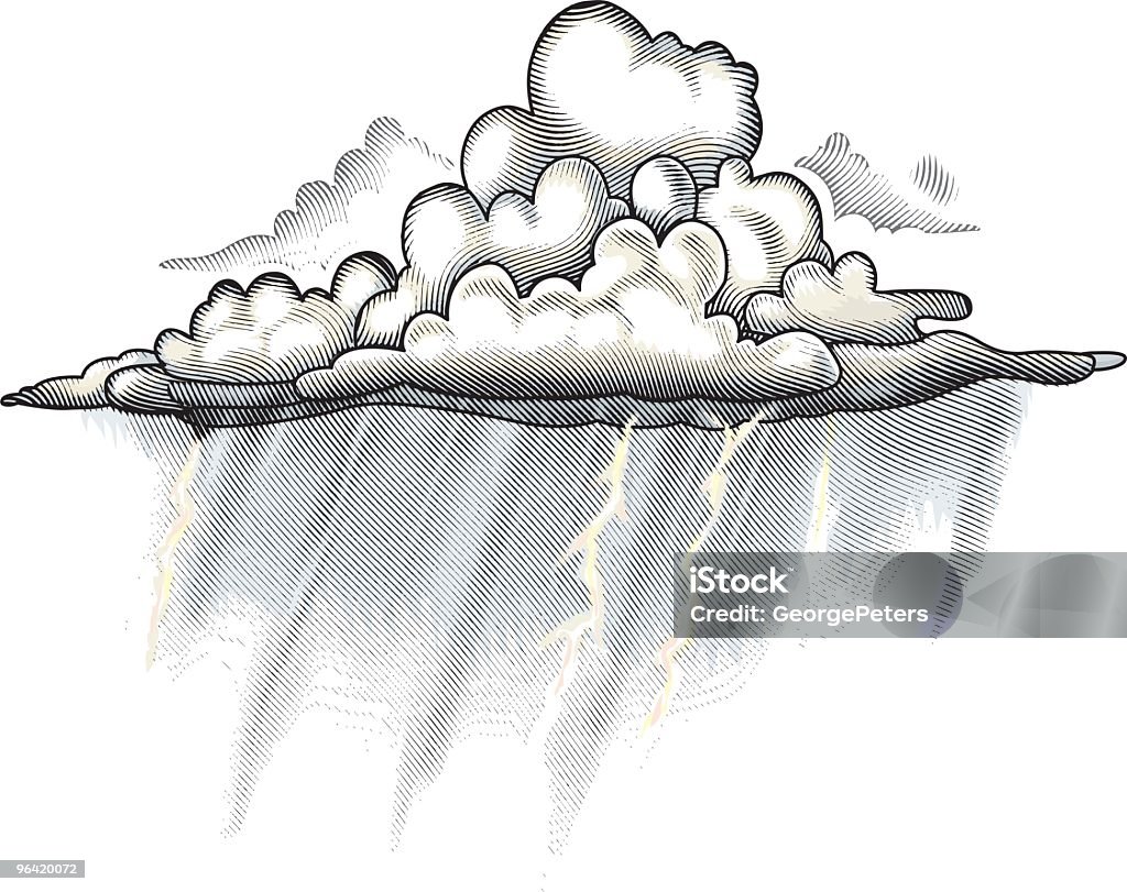 Rain Cloud Engraving Illustration Thunderstorm cloud with lightning. Engraving vector art with black line art and color on separate layers. Cloud - Sky stock vector