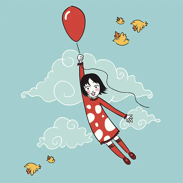 Vector illustration of Little girl flying with a balloon
