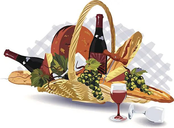 Vector illustration of Gift Wicker Basket Filled with Breads, Wine, Cheese & Fruits