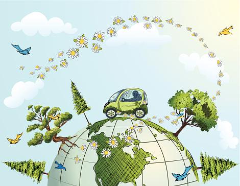 Fuel efficient car for a green planet.. Global Conservation Concept illustration. Small  green cartoon Car Driving Over top of world Globe with Trees, Flowers,daisies and Birds. The globe has part of North america showing. The sky has daisies arched with fluffy clouds.