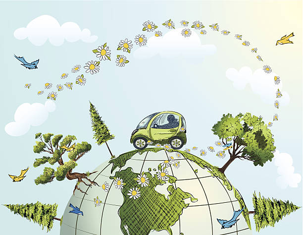 Car Driving Over Globe with Trees, Flowers and Birds Fuel efficient car for a green planet.. Global Conservation Concept illustration. Small  green cartoon Car Driving Over top of world Globe with Trees, Flowers,daisies and Birds. The globe has part of North america showing. The sky has daisies arched with fluffy clouds. medium group of animals stock illustrations