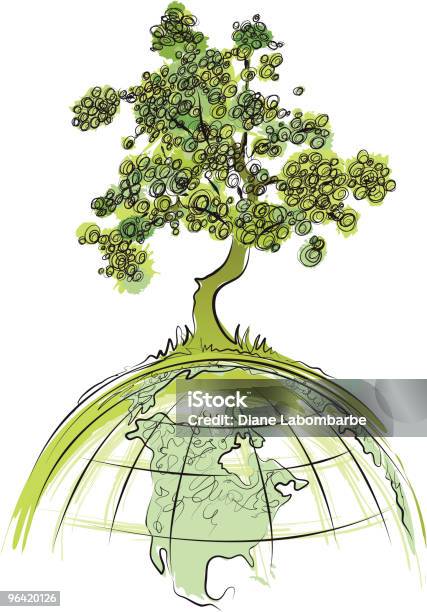 Средезеленый Земля Дерево Растет На Вершине Мира — стоковая векторная графика и другие изображения на тему Набросок - Набросок, Глобус, Зелёный цвет